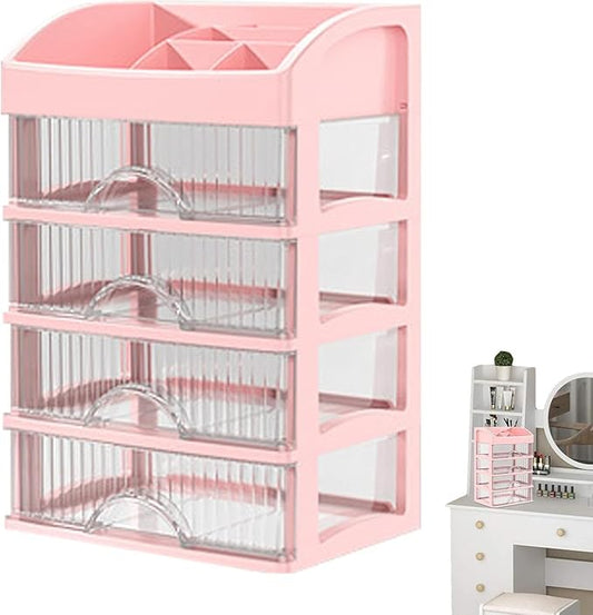 Makeup and Jewelry Organizer-Multilayer Transparent Drawer Storage,Desk Drawer Organizer-Cosmetics Jewelry Storage Cabinet,Desktop Rack for Stationery | Household Storage,for School Home (pink, XL)