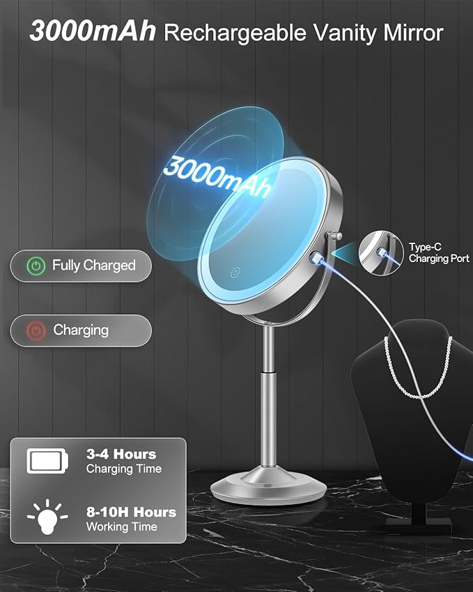 vpu Makeup Mirror with Lights, 1X/30X Lighted Magnifying Mirror Height Adjustable, 3000mAh Rechargeable Double Sided Vanity Mirrors with 3 LED Lighting and Adjustable Brightness for Desk Women Gift