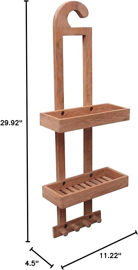 NORDIC STYLE TEAK Wood Natural Hanging Shower Caddy with Storage Shelves, Water Resistant, Easy to Place, Select-Grade Solid Teak Wood, Shower Accessory (Natural Langr)