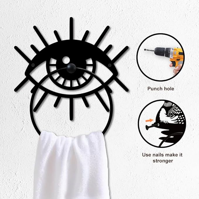 MAYJOYDIY Magic Eye Metal Towel Ring Evil Eye Towel Holder Eye Lashes Wall Decor Towel Hanger Bath Towel Ring Black Art Towel Rack Wall Mounted for Bathroom Kitchen Home Decors Gift