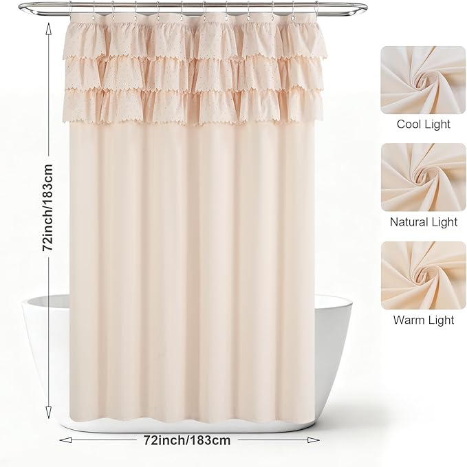 Beige Ruffle Shower Curtain with Small Holes, Girls Women Fabric Shower Curtain with Delicate Handcrafted Ruffles, Waterproof Ruched Farmhouse Decorative Bathroom Curtain, 72" W x 72" H