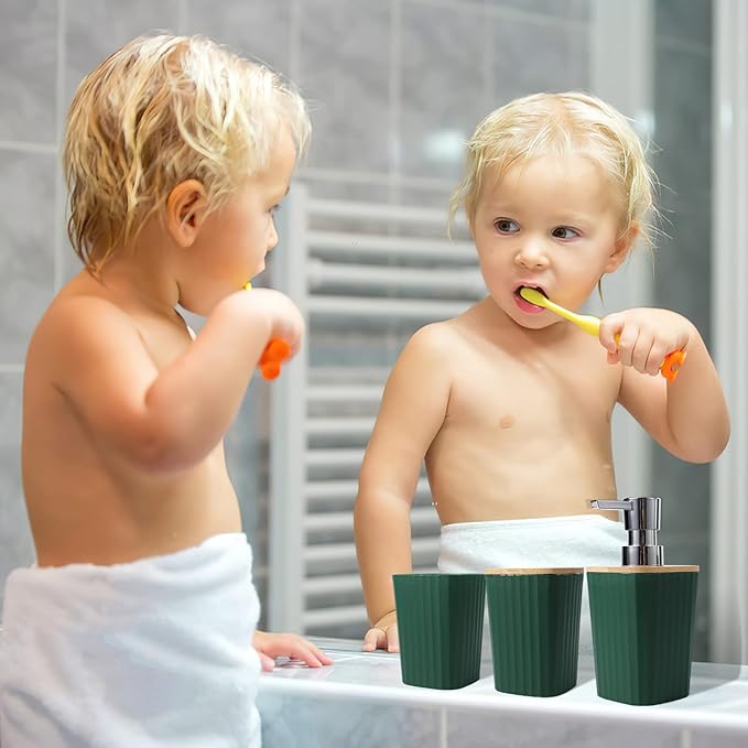 XLHOMO Dark Green Bathroom Accessories Set, 9-Piece Green Bathroom Set with Trash Can, Tray, Soap Dispenser, Toothbrush Holder, Toothbrush Cup, Soap Dish, Toilet Brush and Q-tip Holders