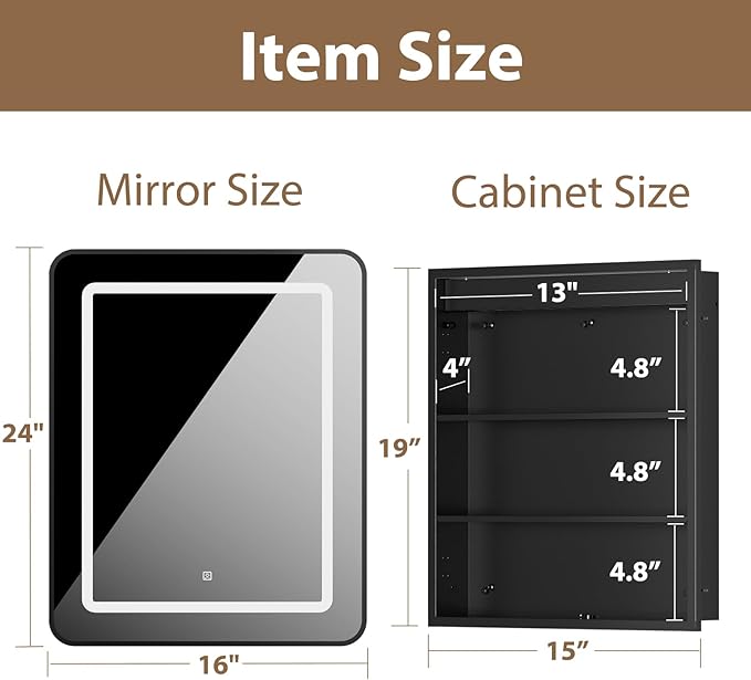 LOVMOR Led Medicine Cabinet with Mirror, Bathroom Vanity Mirror Cabinet with Shelves, 3-Color Lights Dimmer, Black 24" H x 16" W