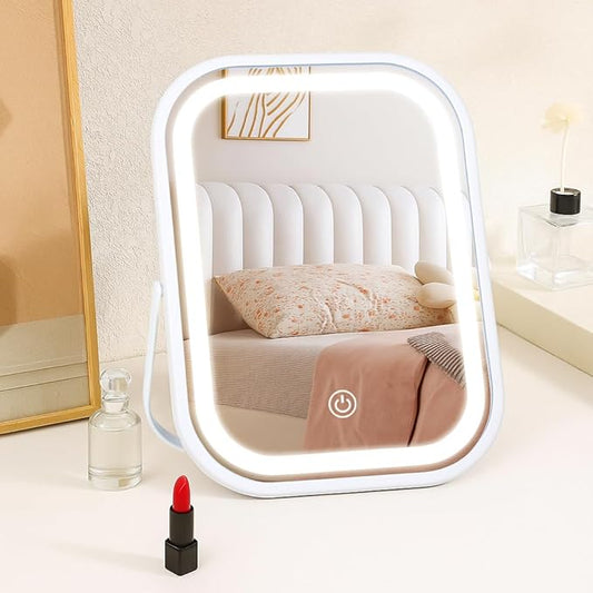 Rechargeable Desk Vanity Makeup Mirror with Lights,8x6 Inch Folding Portable Mirror with Metal Stand Adjustable Rotation,Tavel Make Up Mirror for Table