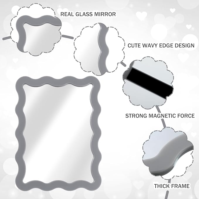 Leinuosen 1 Pcs Scalloped Magnetic Locker Mirror Small Real Glass Makeup Mirror with Magnetic Backing Cute Locker Decorations for Office Cabinet Lockers Accessories (5 x 7 Inch,Gray)