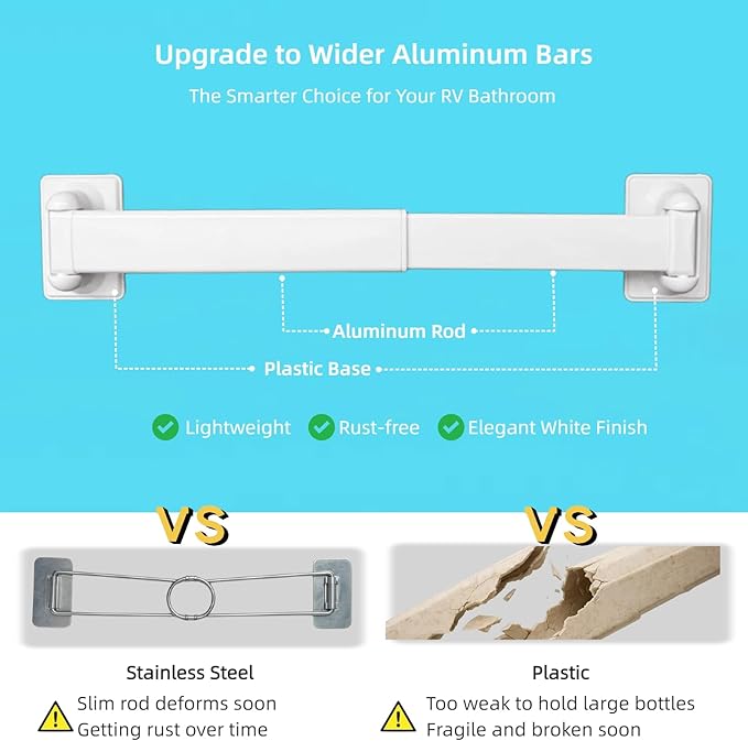 RV Shower Corner Storage Bars 3 Pack, Aluminum Adjustable Camper Shower Shelf Retainer Bars for Bathroom Storage and Organization, RV Essential Accessories for Travel Trailer Inside, 8-14 Inches