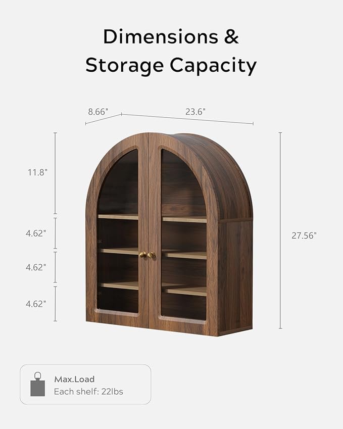 EYYTHUNG Brown Arched Wall Cabinet, Large Wood Bathroom Medicine Cabinet Wall Mounted Cupboard, Modern Floating Storage Cabinet with Acrylic Door Adjustable Shelf, Wood Organizer (Brown-Oak)