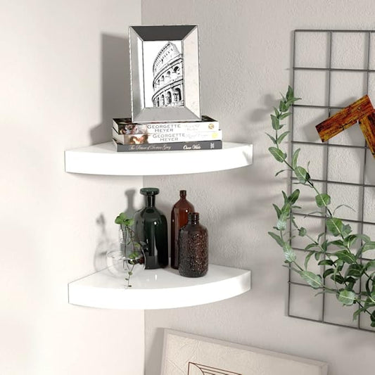Floating Corner Shelves 2-Pack High Gloss White 9.8x9.8 Inch Wall-Mounted Storage Shelves with Invisible Bracket for Bathroom Bedroom Living Room Decor