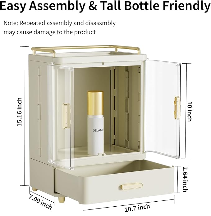 Delamu Bathroom Makeup Organizer Countertop with Drawer, 3-Tier Large Capacity Bathroom Counter Countertop, 15.2' Tall Storage for Perfume, Cosmetic, Skincare and More, Ideal Present for Her, Beige