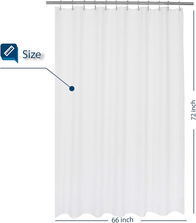 Barossa Design Waffle Weave Shower Curtain 66 x 72 inch, Hotel Luxury Spa, 230 GSM Heavy Duty Fabric, Water Repellent, Machine Washable, White Pique Pattern Decorative Bathroom Curtain, 66x72