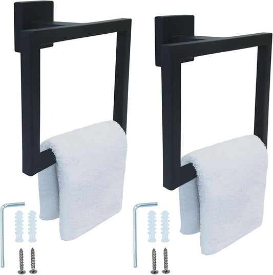 Matte Black Towel Ring - Premium Stainless Steel Bathroom Accessory, Sleek Square Design Hand Towel Holder, Durable Wall-Mounted Towel Hanger for Contemporary Bathroom, 2 Pcs