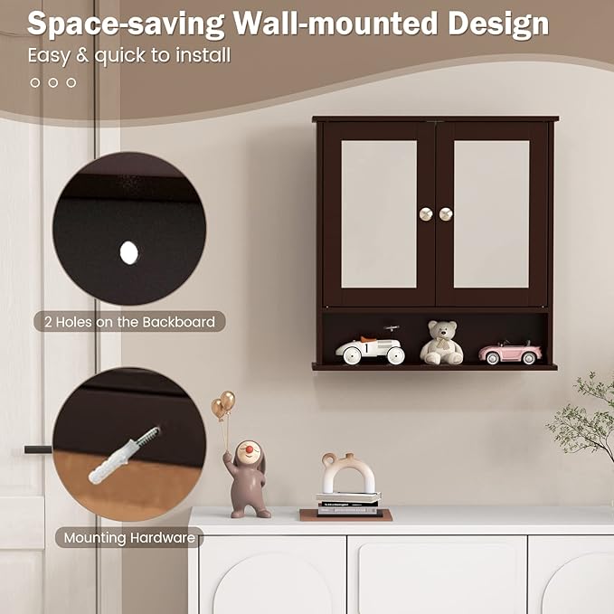 COSTWAY Bathroom Cabinet Wall Mount, Wooden Medicine Cabinet with 2 Mirror Doors, Adjustable Shelf, Open Compartment, for Laundry, Living Room, Kitchen, Brown