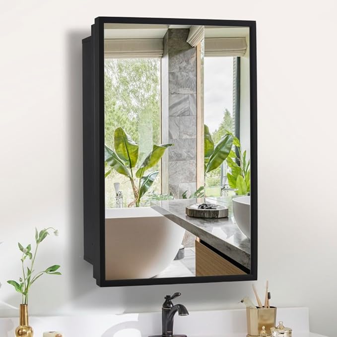 Movo 20 inch x 26 inch Medicine Cabinet with Mirror,Black Recessed or Surface Mounted Mirrored Medicine cabinets for Bathroom
