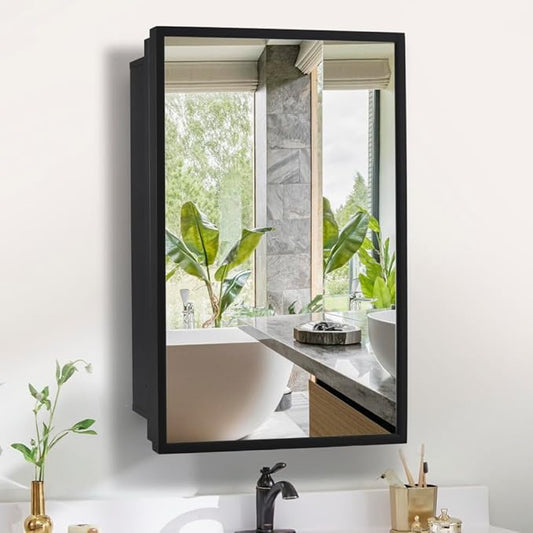 Movo 20 inch x 26 inch Medicine Cabinet with Mirror,Black Recessed or Surface Mounted Mirrored Medicine cabinets for Bathroom