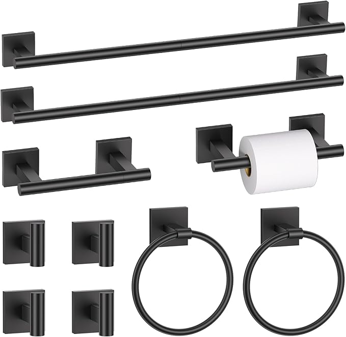 10 Pieces Matte Black Towel Bar Set, Double Dase Toilet Paper Holder Bathroom Hardware Set, 23.6 Inch Stainless Steel Towel Rack for Bathroom Wall Mounted