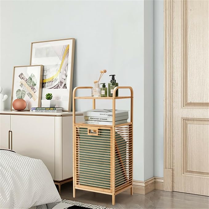 Bamboo Bathroom Storage Shelf with Tilt Out Laundry Hamper Tall Freestanding Organizer with Two Open Shelves for Towels and Toiletries Removable Fabric Bin 38 Inch Height Bathroom Furniture