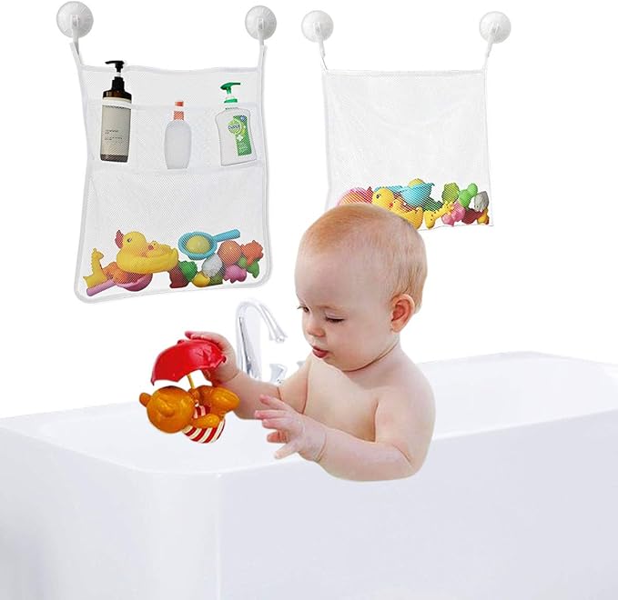 TTSAM Bath Toy Organizer Mesh Storage Organizer Baby Shower Toys Bathtub Net Bag Kids Quick Dry Bathtub Mesh Net Bathtub Toy Holder 2 X Bathroom Storage Bag & 6 X Strong Suction Hooks (White)