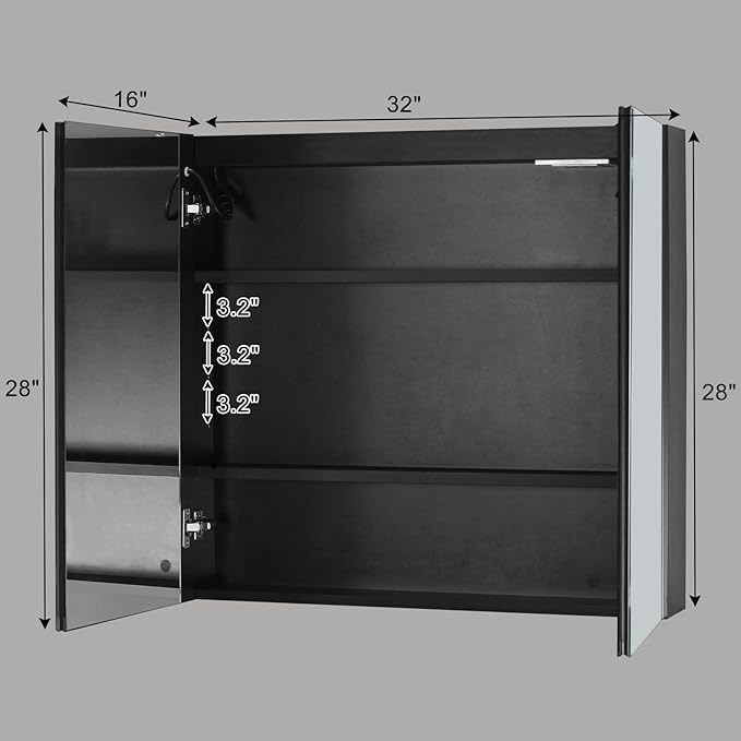 Karl home 2-Doors 32"x28" LED Medicine Cabinet for Bathroom, 3-Color Wall Mounted Dimmable Bathroom Cabinet with 3-Tiers Storage Shelves, Anti-Fog, USB Charge, Black
