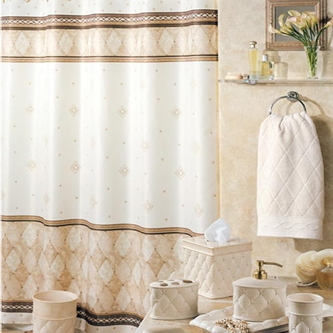 Corinthia Classic Beige Polyester Fabric Cream Printed Elegant Farmhouse Shower Curtains,Contemporary Ivory Decorative Waterproof Modern Cloth Tan Bathroom Curtains,72" W x 72" L