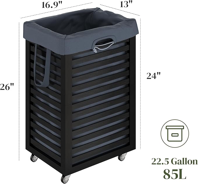 Laundry Hamper with Wheels, Laundry Basket with Liner, 85L Large bamboo Laundry Clothes Laundry Hamper, Liner with Handles, Dirty Clothes Storage Cart For Laundry Room, Dorm, Bedroom, Bathroom (Black)