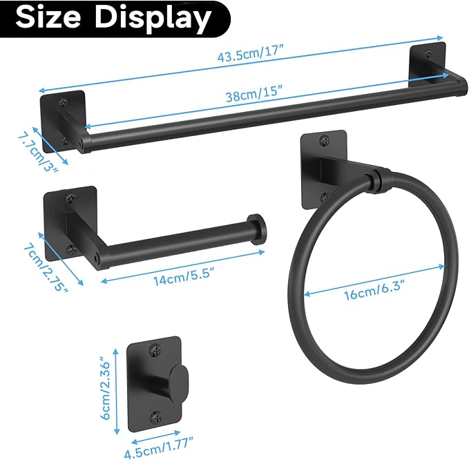 Matte Black Bathroom Accessories Set, 4 Pieces Bathroom Hardware Set, 16 inch Towel Bar, Towel Racks for Bathroom, Robe Towel Hooks, Toilet Paper Holder Wall Mounted