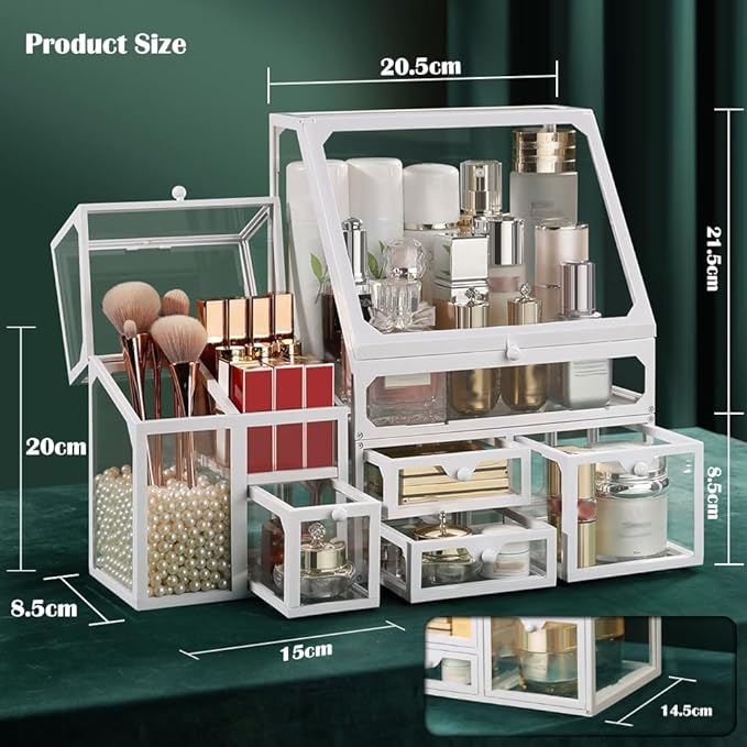 Glass Makeup Organizer Multi-Functional with Pearl Makeup Organizer with Drawers for Bathroom Vanity Organizer Skincare Lipstick Brushes