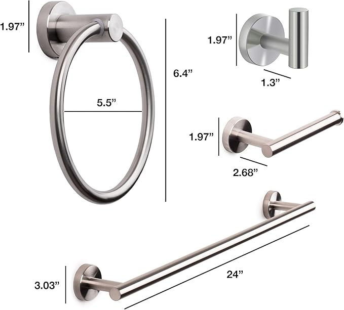 Marmolux ACC Bathroom Hardware Set - 4 Pieces Wall Mount Accessories - Towel Hooks, Hand Towel Holder, Towel Ring, Toilet Paper Holder - Made of SUS 304 Stainless Steel with Brushed Finish