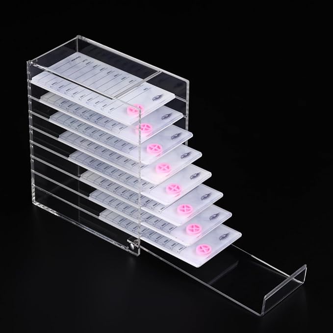 Acrylic Transparent Eyelash Storage Box, 8 Layers False Eyelashes Glue Pallet Holder Display Grafting Eye lashes Extension Close-Packed Display with 8 Pallets Clear Makeup Organizer (Marble White)