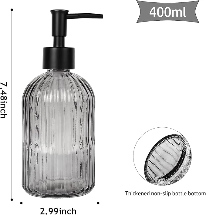 14Oz Black Pump Glass Soap Dispenser, Gray Stripe Countertop Refillable Liquid Bottle Hand Dish Lotion Dispenser with Plastic Pump, for Kitchen, Bathroom
