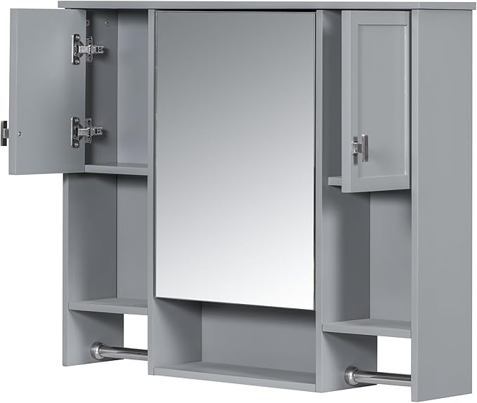 Merax Medicine Cabinet for Bathroom, Wall Mount Bathroom Cabinet with Mirror, Open Shelf, and Towel Bar, 35" W x 28.7" H Over The Toilet Mirrored Bath Wall Cabinet