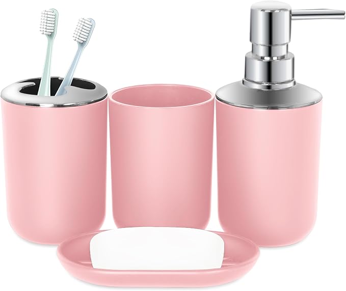 Pink Bathroom Accessories Set 4 PCS, Pink Bathroom Accessories, Plastic Soap Dispenser and Toothbrush Holder Set, Soap Dish and Mouthwash Cup, Boho Bathroom Decor, Bathroom Set