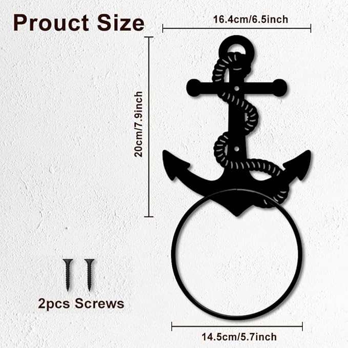MAYJOYDIY Metal Towel Ring Boat Anchor Rope Metal Hand Towel Holder Vintage Nautical Theme Wall Mounted Rope Towel Rack Solid Anchor Towel Ring for Hanging Towel Home Bathroom Wall Decoration