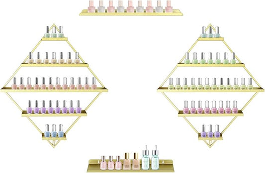 4PCS Nail Polish Storage Racks, 5-Tier Wall-Mounted Metal Cosmetic Display Case Makeup Organizer Wall Shelf for Home Spa Nail Salon Perfume Lipstick (Gold)