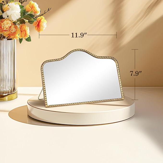 Vintage Desk Makeup Mirror, 7.8" L x 11.9" W Antique Gold Vanity Table Mirror, Metal Framed Scalloped Small Standing Mirrors with Beaded, 360 Adjustable Rotation for Tabletop, Bedroom