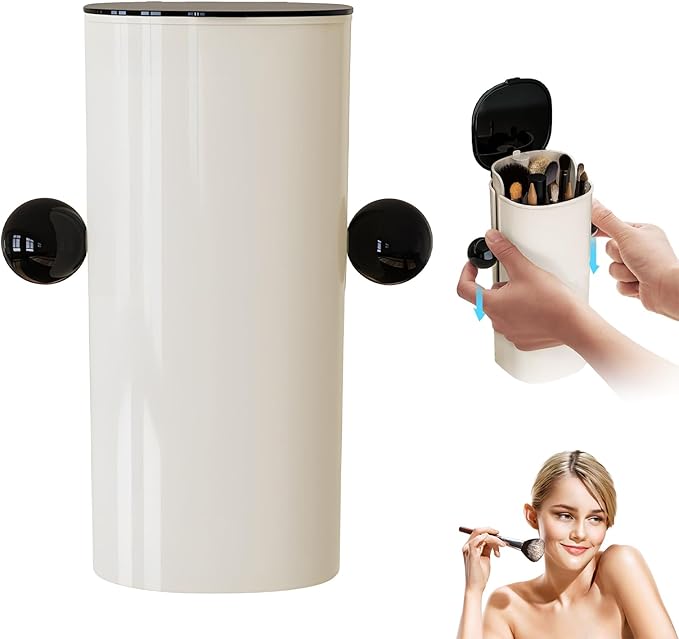 Atlodas Automatic Lifting Dustproof Four-compartment Makeup Brush Storage Tube, Makeup Brush Holder Organizer with Lid, Cosmetics Holders Storage for Vanity Desktop Bathroom (black)