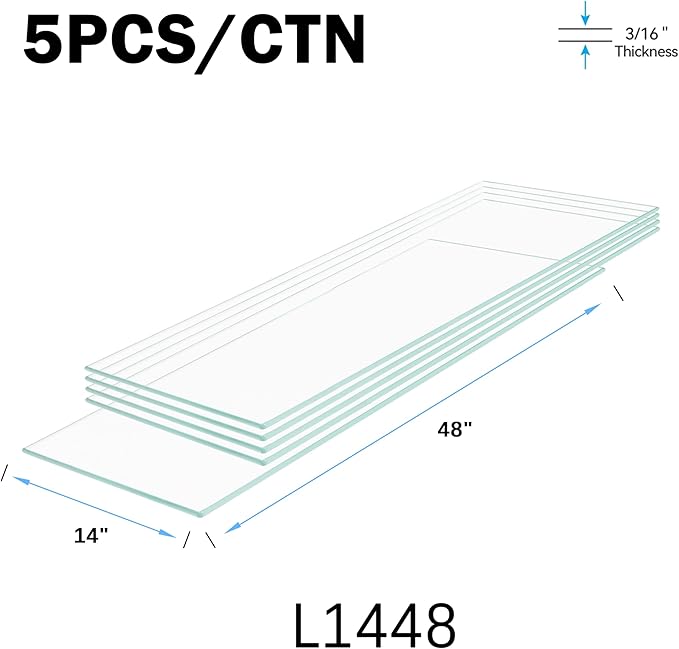 14" x 48" 5-PCS Tempered Glass Shelf, Rectangular Frameless Glass Shelves - 3/16" Thick, Suitable for Bookshelves, Display Cases, Retail Fixtures and Tabletops