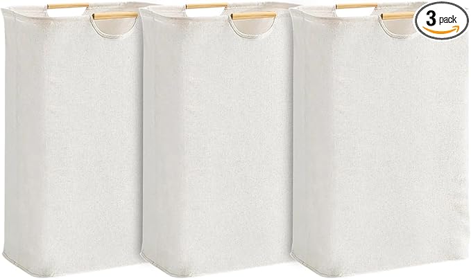 3-Pack 65L Collapsible Laundry Basket with Wooden Handles, Ideal for Tidying Clothes, Blankets and Toys,Laundry Hamper Perfect for Bedroom, Bathroom, and Living Room Organization (Solid Color Set)
