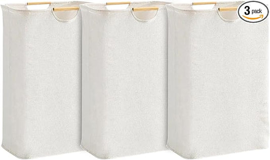 3-Pack 65L Collapsible Laundry Basket with Wooden Handles, Ideal for Tidying Clothes, Blankets and Toys,Laundry Hamper Perfect for Bedroom, Bathroom, and Living Room Organization (Solid Color Set)