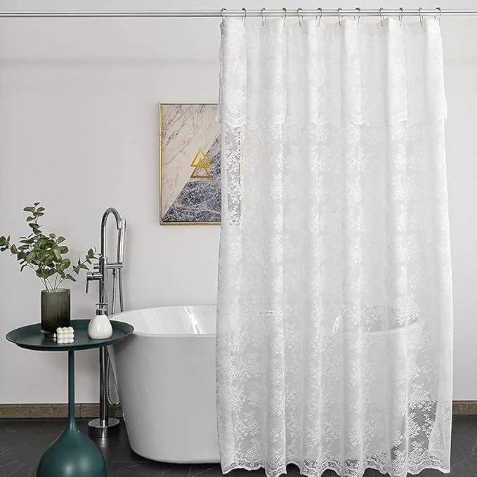 YJ YANJUN White Stall 36x72 Shower Curtain with Victoria Lace Narrow Attached Valance and Vintage Floral Small Sheer Shower Curtain for Bathroom or RV, Trend Fancy, White