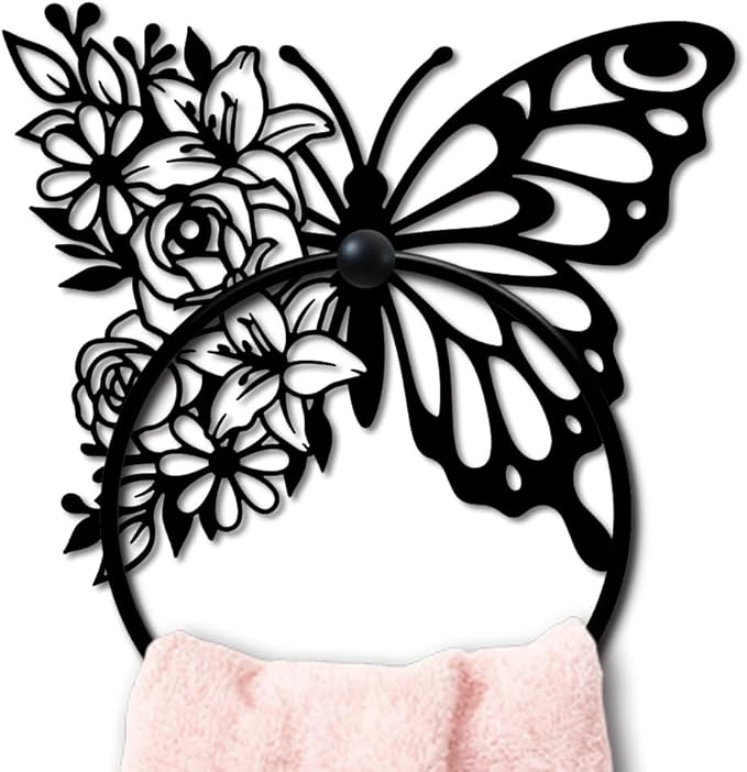 MAYJOYDIY Butterfly Metal Towel Ring Round Flower Hand Towel Holder Ring Hanger Wall Mount Black Vintage Towels Wall Organizer for Kitchen Bath Home Laundry Room Decors Gifts