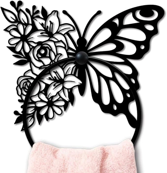 MAYJOYDIY Butterfly Metal Towel Ring Round Flower Hand Towel Holder Ring Hanger Wall Mount Black Vintage Towels Wall Organizer for Kitchen Bath Home Laundry Room Decors Gifts