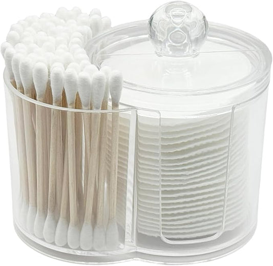 Clear Plastic 2-in-1 Cotton Swab Dispenser & Makeup Pad Holder - Shatterproof Bathroom Vanity Organizer Apothecary Jars for Cotton Rounds, Balls, Floss Picks, Hair Ties & Beauty Sponges