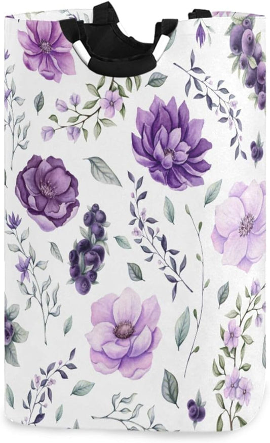 CaTaKu Floral Watercolor Purple Baby Laundry Baskets Collapsible, Large Tall Clothes Hampers for Kids Laundry Room Organizer Foldable Storage Bins with Handles