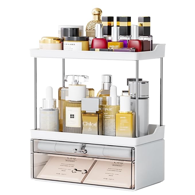 Yieach Acrylic Makeup Organizer Countertop,Large Skincare Organizer for Dresser Top,Plastic Bathroom Counter Organizers and Storage for Beauty,Cosmetic,Hair Products,Lotion and Perfume Organizer,White