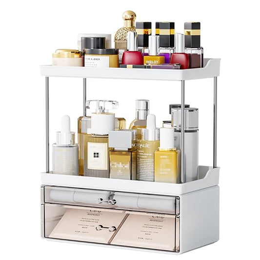 Yieach Acrylic Makeup Organizer Countertop,Large Skincare Organizer for Dresser Top,Plastic Bathroom Counter Organizers and Storage for Beauty,Cosmetic,Hair Products,Lotion and Perfume Organizer,White