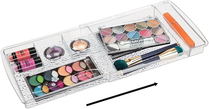 mDesign Expandable Makeup Organizer for Bathroom Drawers, Vanities, Countertops: Organize Makeup Brushes, Eyeshadow Palettes, Lipstick, Lip Gloss, Blush, Concealer - Adjustable Width, 2 Pack - Clear
