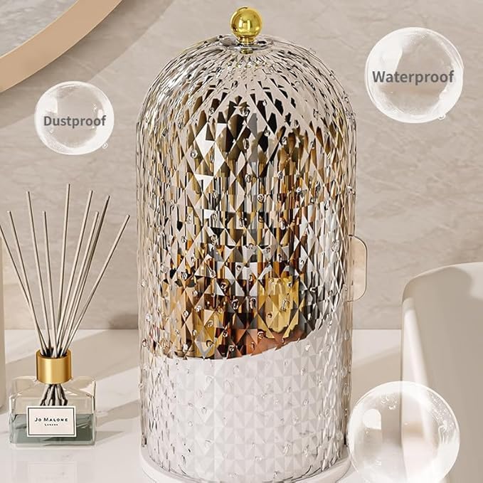 Makeup Brush Holder Organizer with 360° Rotating Lid Dustproof Makeup Brushes Organizer for Vanity Desktop Bathroom Countertop Clear Cover Easy Visibility (White)