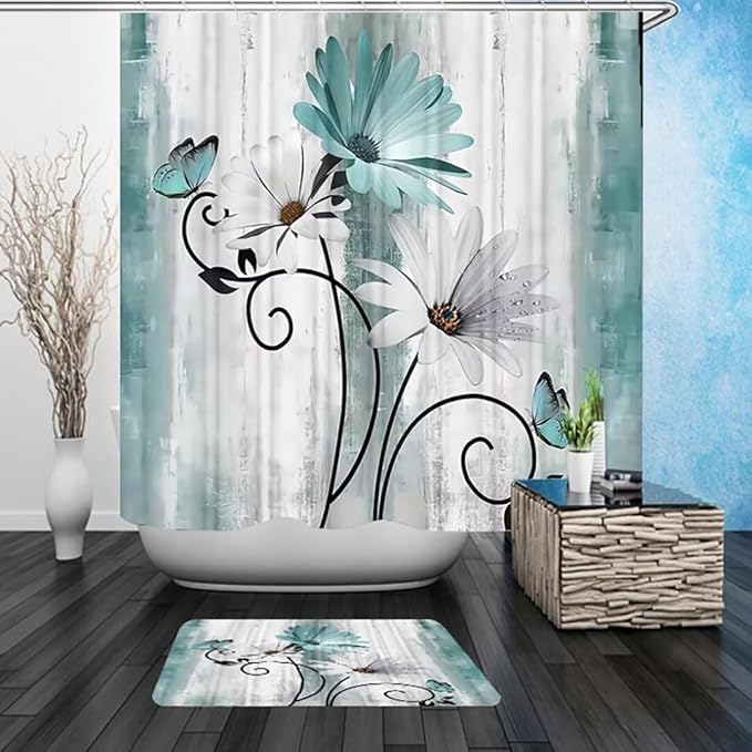 NBVKO 4PCS Rustic Teal Flower Farmhouse Shower Curtain Set,Waterproof Teal Daisy Floral Bathroom Decor Accessory Set
