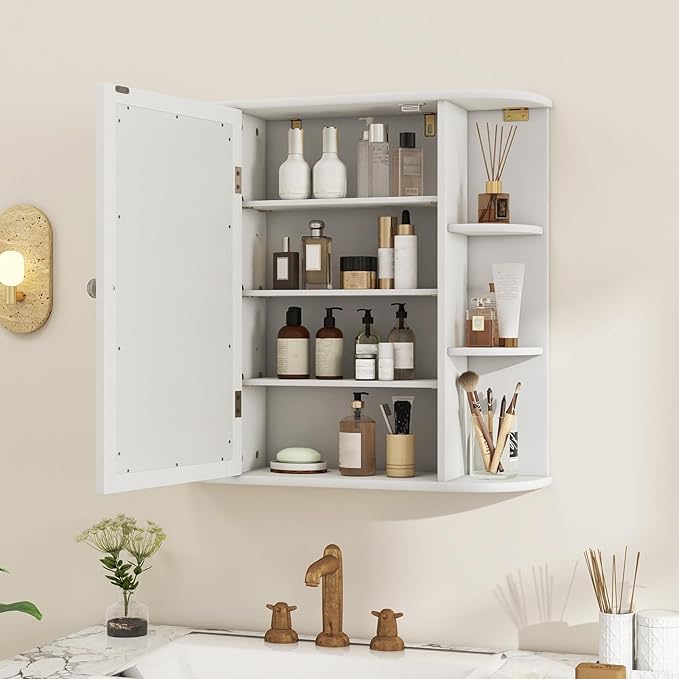 COSTWAY Medicine Cabinet with Mirror, Wall Mounted Bathroom Storage Cabinet with Mirror Door and Adjustable Shelves, Space-Saving Storage Organizer for Living Room Kitchen Entryway (White)