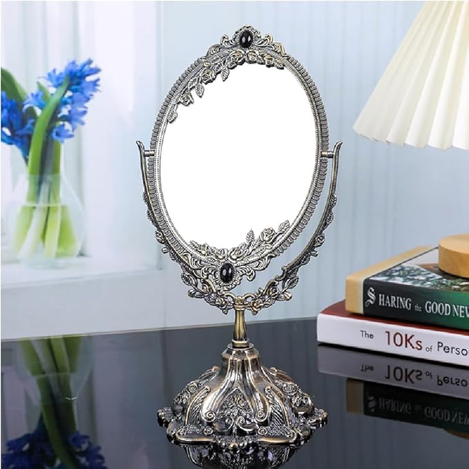 Guppy Small Metal Vintage Makeup Mirror, Floral Tabletop Oval Cosmetic Mirror, Vintage Swivel Double Sided Cosmetic Mirror, with Embossed Frame Base, Retro Mirror for Dressing Bedroom-Antique Bronze